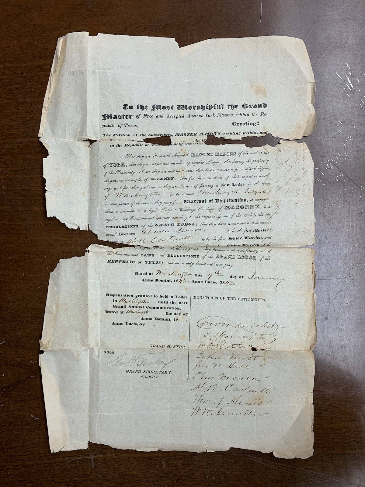 Warrant of Dispensation issued by the Grand Lodge of the Republic of Texas to Washington 
  Masonic Lodge #18 in 1843